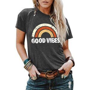 🆕Women Orange Cotton Good Vibes Rainbow Tank T-Shirt Blouse Casual Jean Top